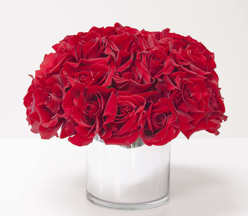 Red roses arranged in a clear glass vase