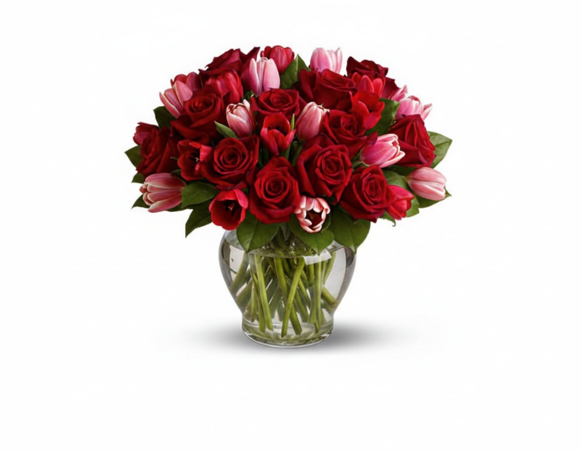 Red roses and pink tulips arranged in a clear glass vase