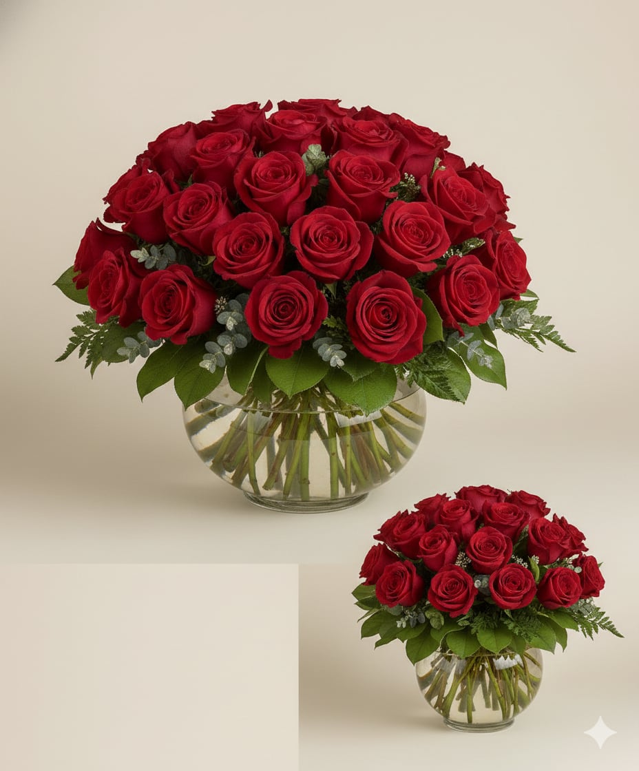 Red roses arranged in a clear glass vase