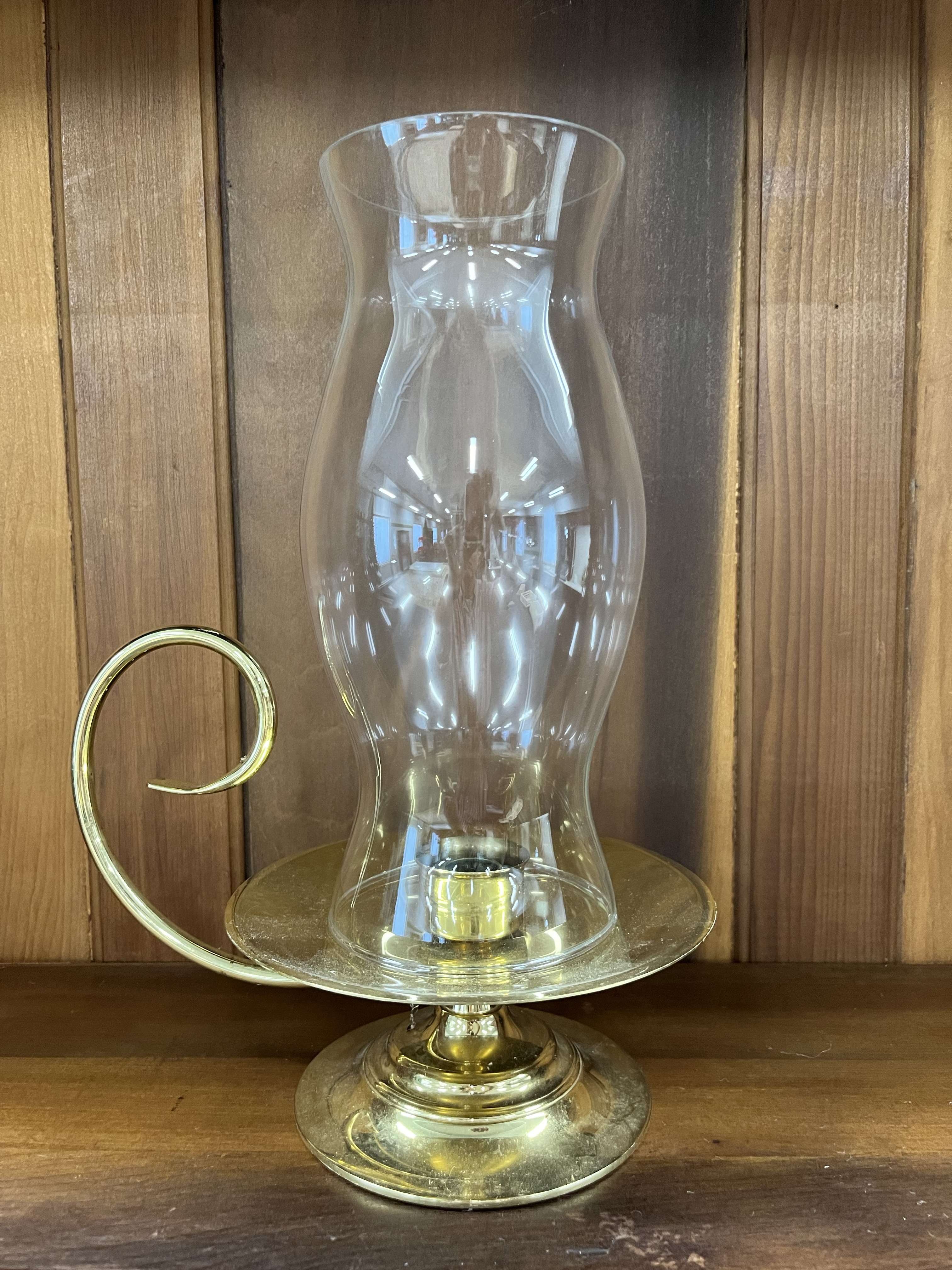 Brass Candleholder from Baldwin *Hurricane Globe included - The classics never go out of style and that is certainly true of this mid-century solid brass colonial style candleholder.  (14 1/2 inches)