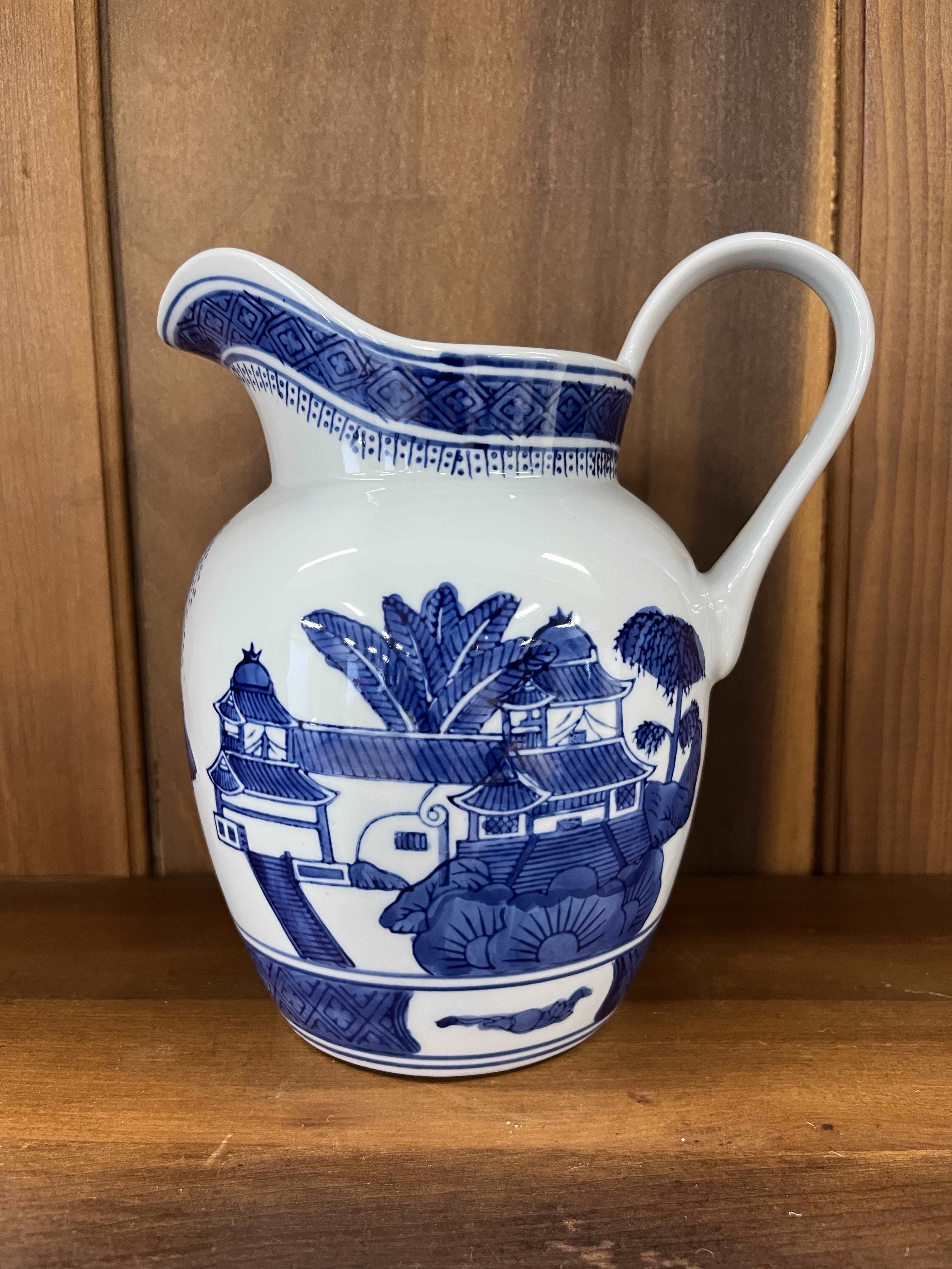 Reproduction 9" Canton Pitcher - A beautiful reproduction of a Canton pitcher.  It would make a lovely addition to your table.  Have one of our talented artisans fill it with blooms of your choosing to brighten a corner of your world or brighten someone's day with a bouquet in a lovely pitcher that they keep for years to come.  