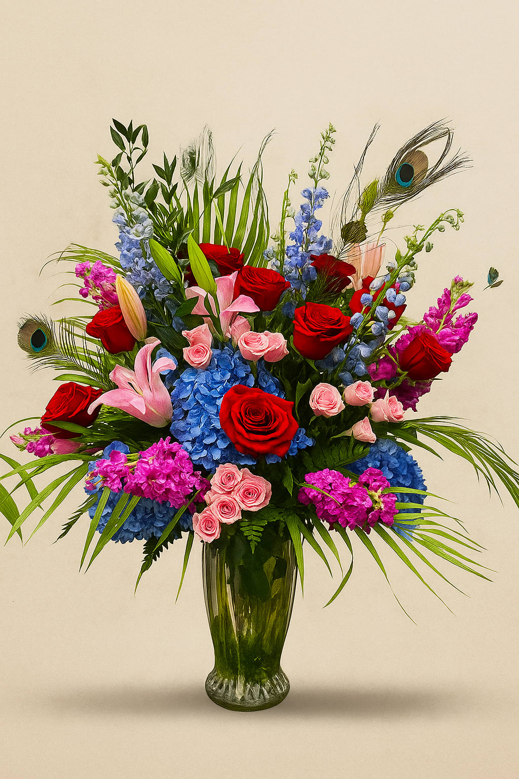 Colorful bouquet of roses, lilies, and hydrangeas in a glass vase