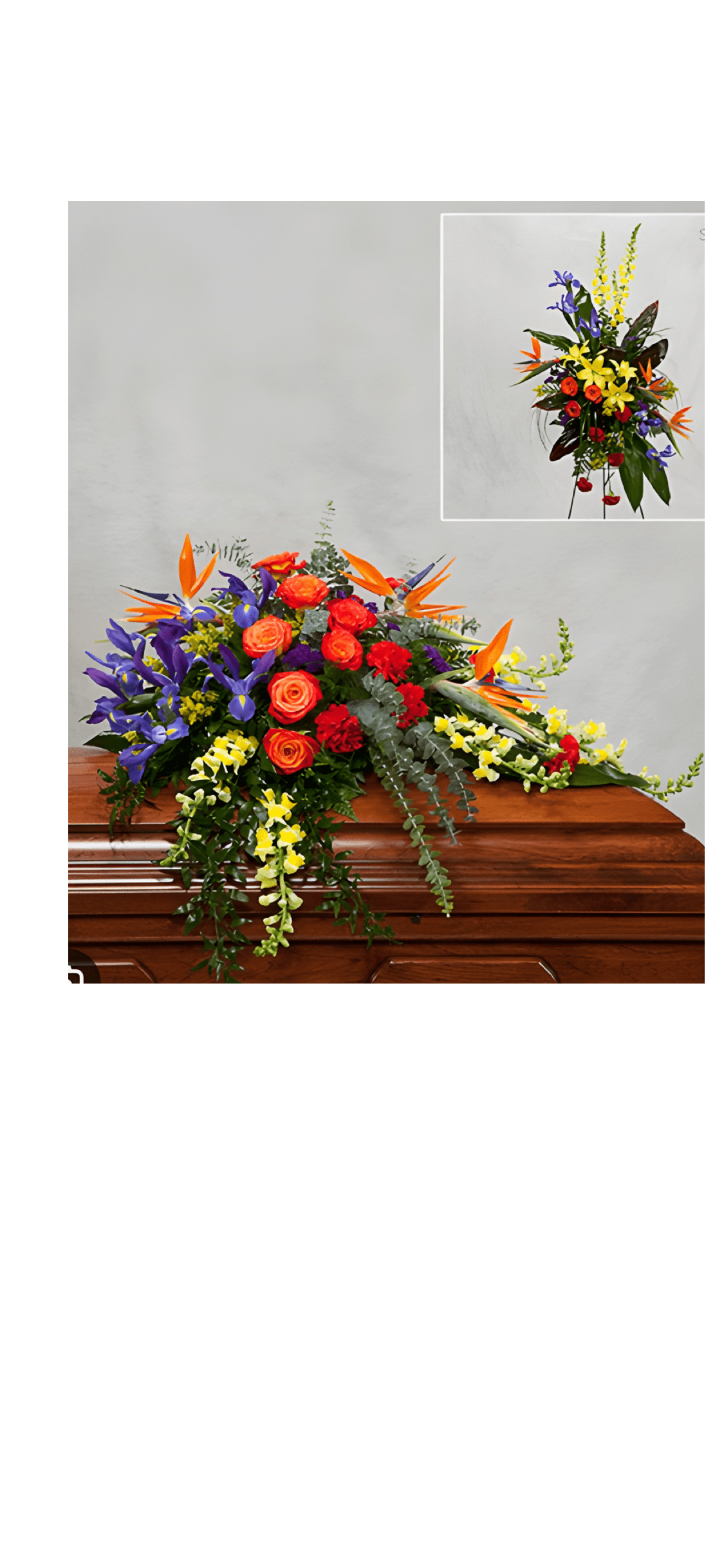 Photo Tribute Full Flower package  - A  favorite framed  photo tribute  adorned with cascading tropical flowers with matching casket or urn spray with a  coordinated single spray  . Brighten the room with this wonderful tribute .