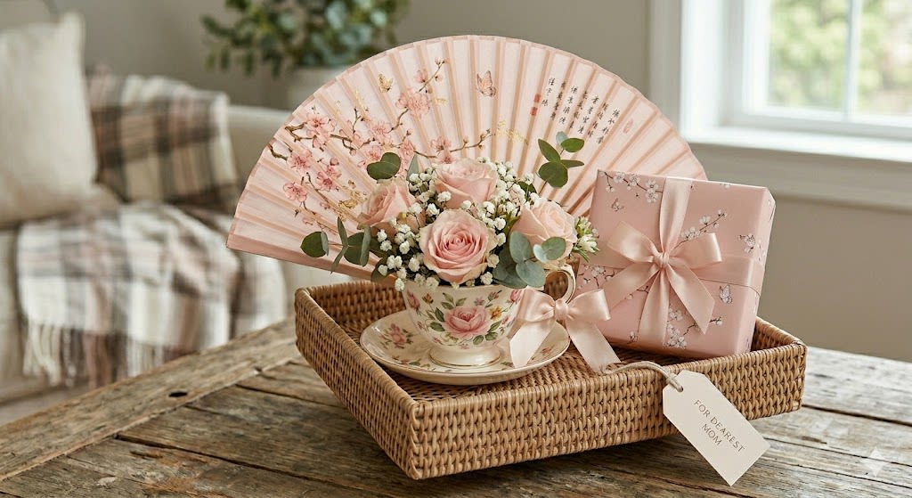 Moms Day Tea Cup - Delicate pale pink roses and tiny white filler flowers are arranged in a charming floral teacup and saucer to create a soft, romantic Mother's Day or birthday flower arrangement that also works beautifully for Thinking of You, Just Because, or Love and Romance gifting. A pale pink decorative folding fan rises behind the blooms to give the design an elegant, vintage-inspired silhouette, and the coordinated presentation instantly reads as a thoughtful keepsake gift for the person you're celebrating.  This gift set arrives on a wicker tray with a matching pink wrapped gift box tied in a satin ribbon (some versions include a small box of chocolates), plus eucalyptus-like greenery that adds a muted, silvery contrast to the blush palette. The arrangement is compact and handcrafted-perfect for a bedside table, vanity, or office desk-and the floral teacup and saucer make a lasting memento long after the blooms have faded. Order with a personalized gift tag to make her feel truly seen; care instructions: keep in a cool spot away from direct sunlight and refresh the water every two days for best longevity.