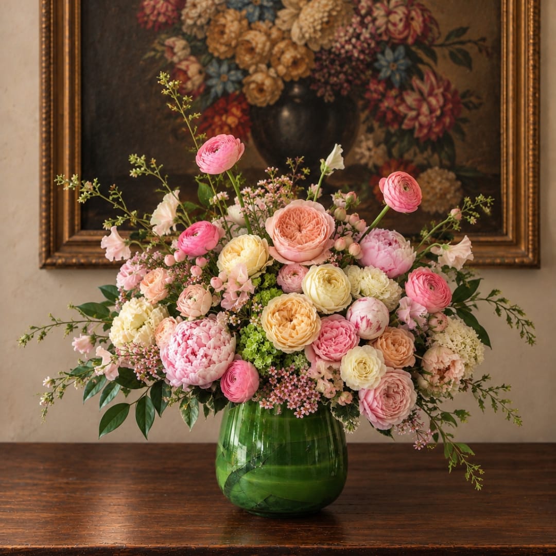 Pink and cream flower arrangement in a green glass vase