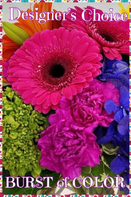 Bright mixed bouquet with pink gerbera daisies and purple flowers