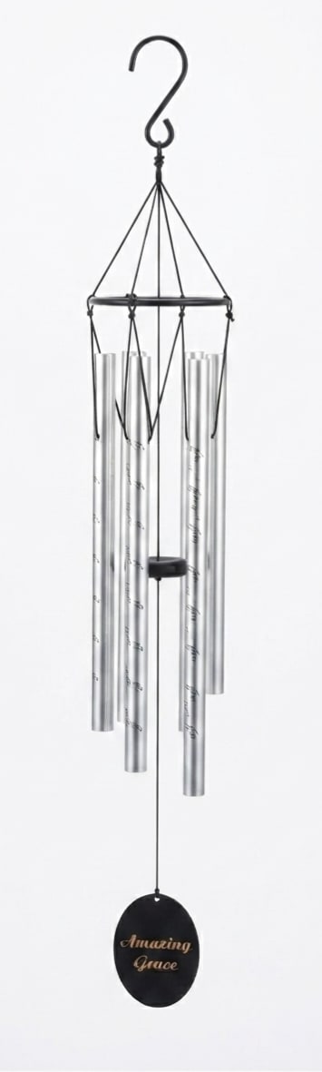 Black hanging wind chime with silver tubes and an oval "Amazing Grace" tag