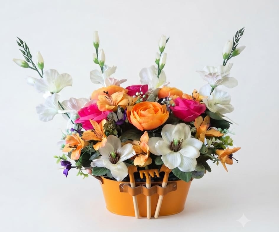 Colorful flower arrangement in an orange container with small gardening tools
