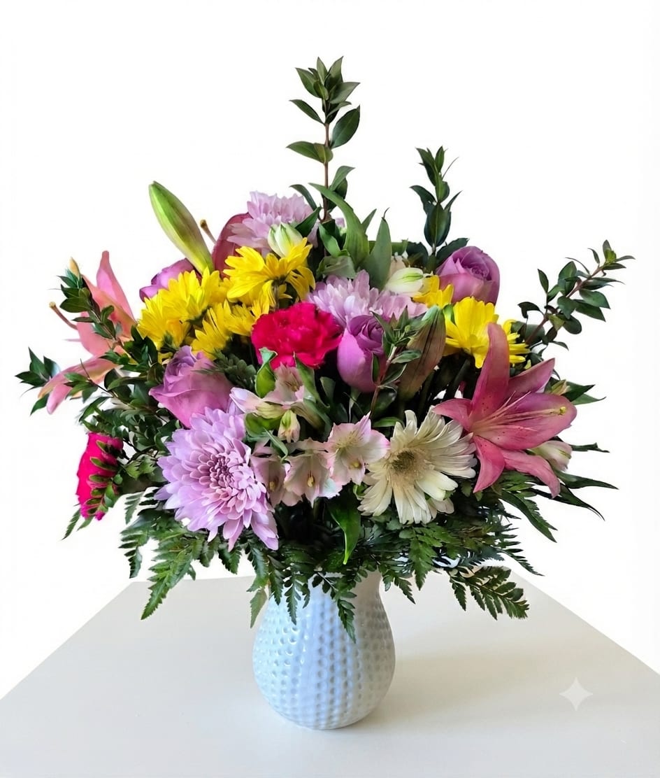 Mixed bouquet of pink, yellow, and lavender flowers in a white vase
