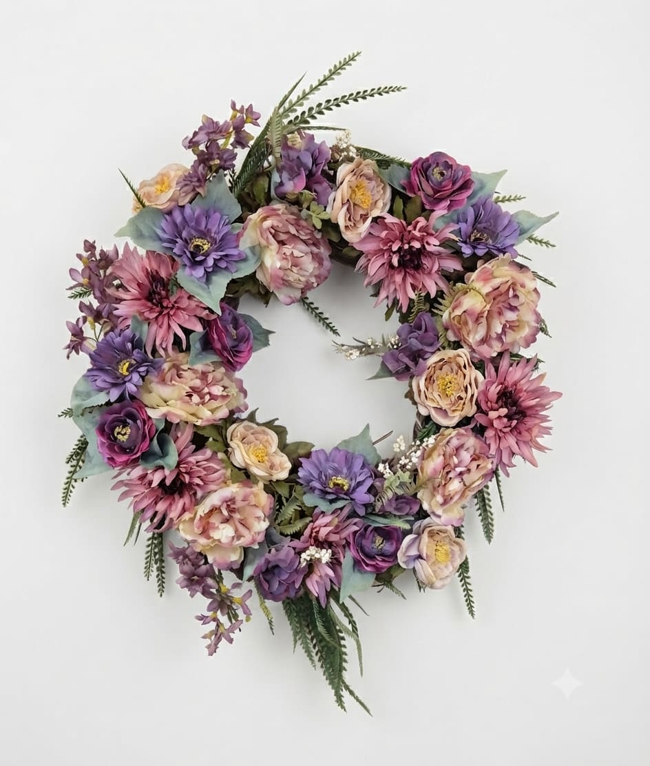 Circular floral wreath with purple, pink, and cream flowers