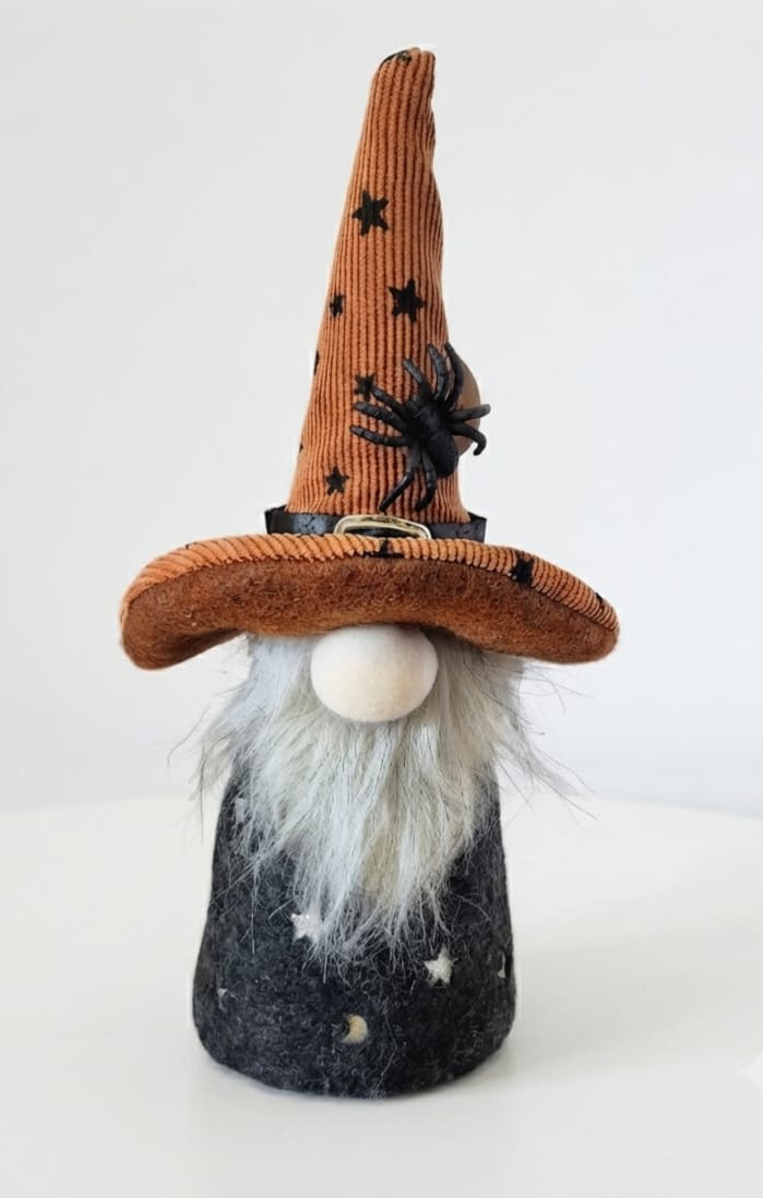 Halloween gnome figurine with orange hat and black spider decoration