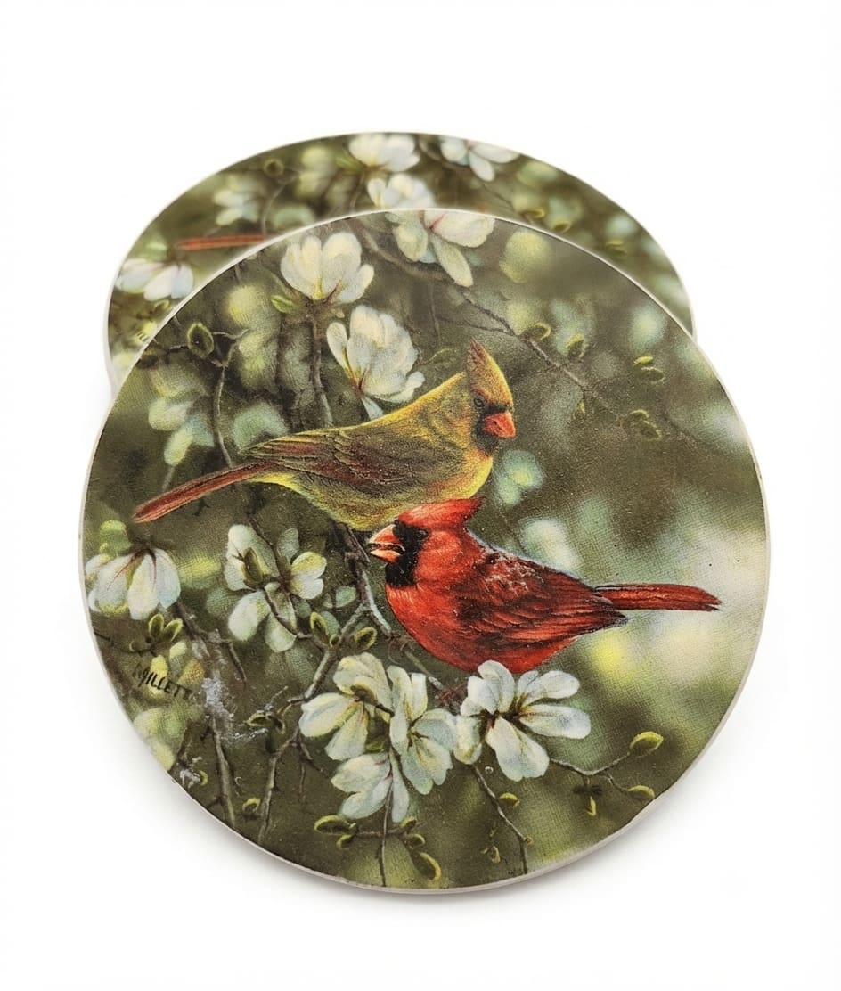 Two round decorative plates with birds and white blossoms