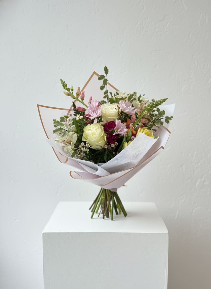 Hand-tied bouquet of pastel flowers wrapped in white paper