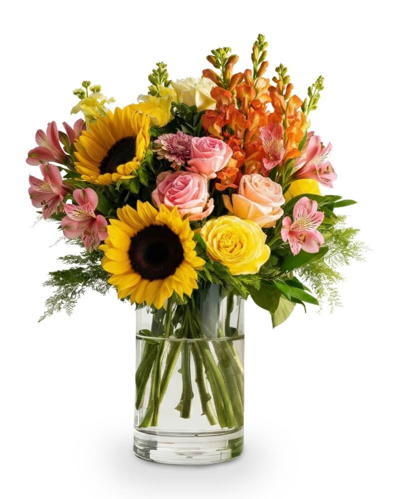 Summer Citrus Glow - Bursting with radiant summer energy, Summer Citrus Glow is a celebration of warmth, joy, and color. Featuring sun-kissed sunflowers, juicy orange snapdragons, zesty yellow roses, and refreshing blush-toned blooms, this bouquet brings the feeling of a sunny garden straight indoors. Designed in a clear glass cylinder vase with water, it's the perfect centerpiece for summer gatherings or to brighten someone’s day with a splash of sunshine and elegance.