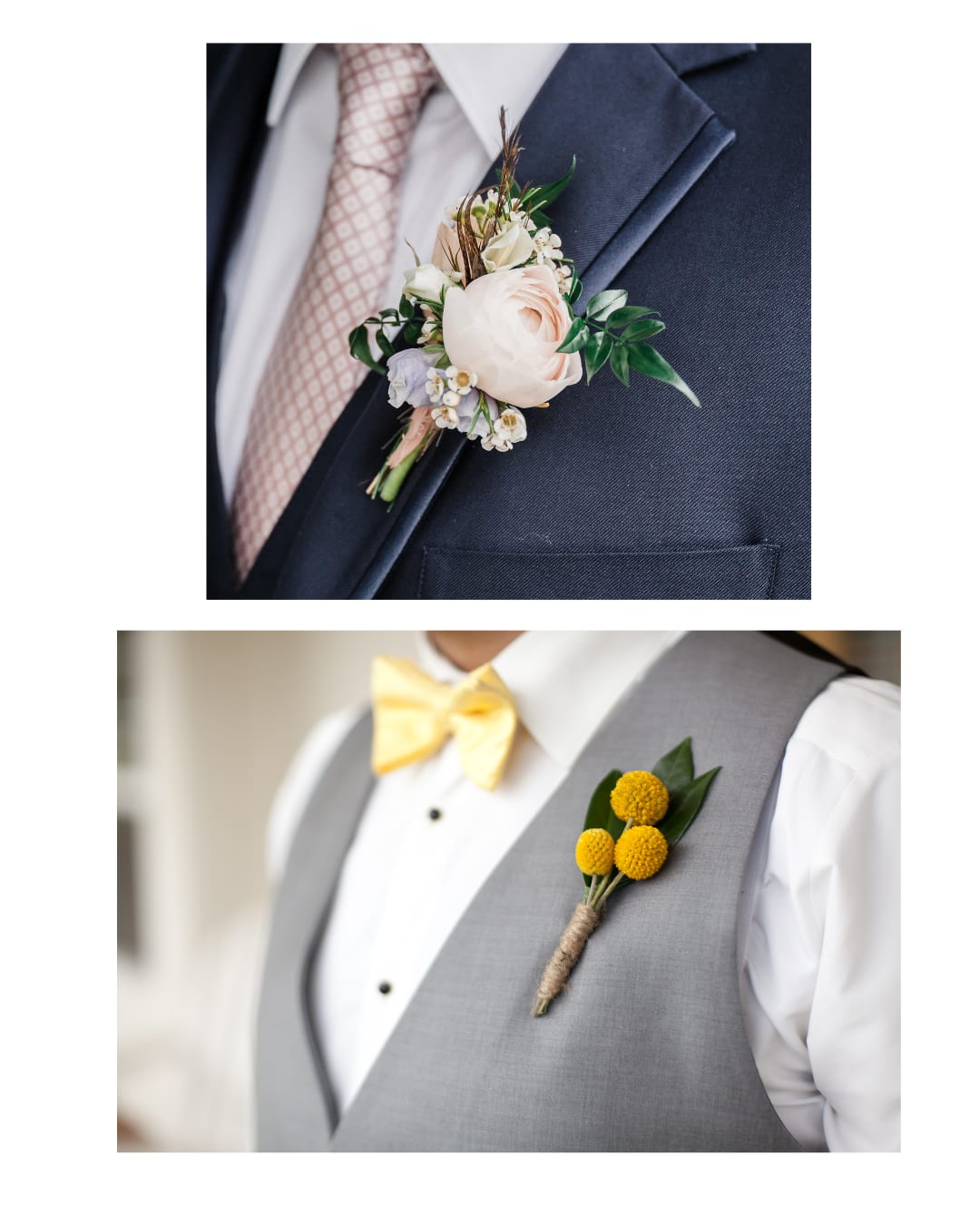 Two boutonniere boutonnieres on suits, one blush and white, one yellow