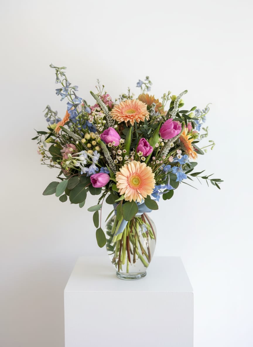 Mixed bouquet of peach gerberas, purple tulips, and blue flowers in a clear glass vase.