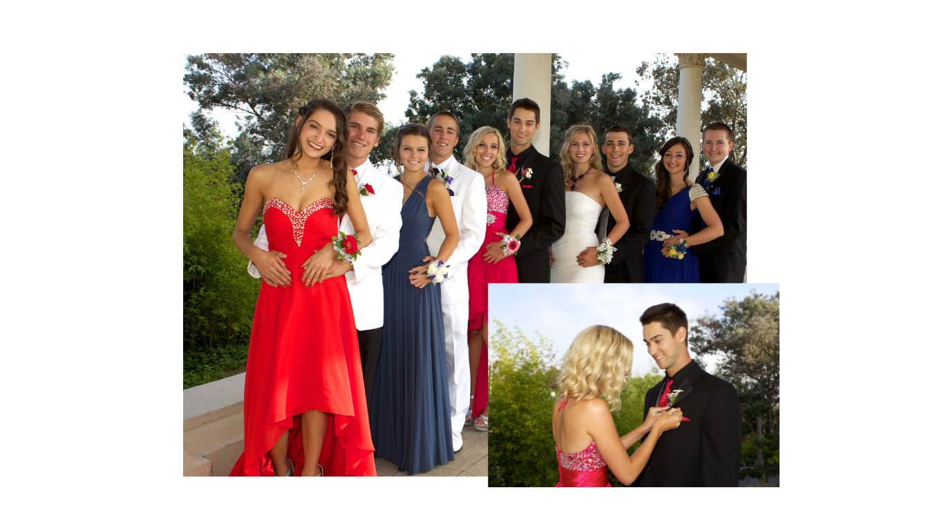 Group of teens in formal dresses and tuxedos with corsages and boutonnieres