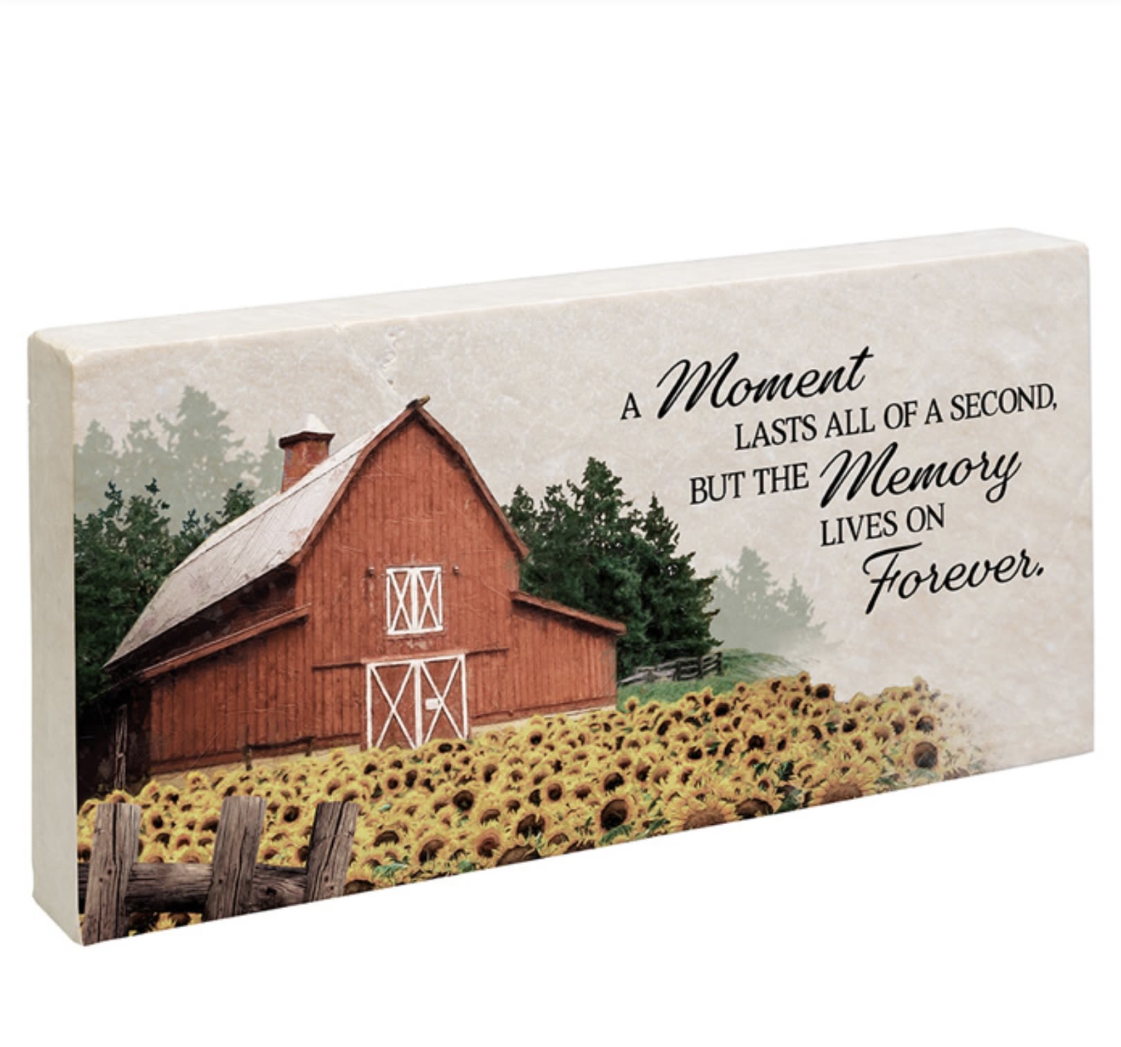 Decorative memorial plaque with a barn, sunflowers, and a remembrance quote