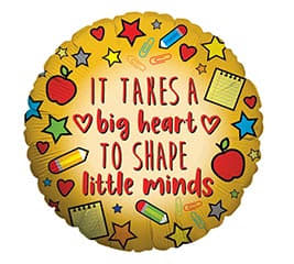 Round gold balloon with school-themed icons and text