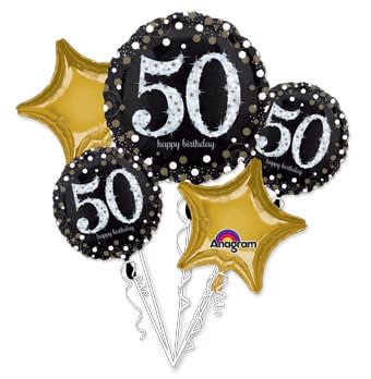 Cluster of 50th birthday balloons in black and gold