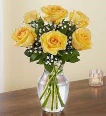 Yellow roses arranged in a clear glass vase with baby's breath