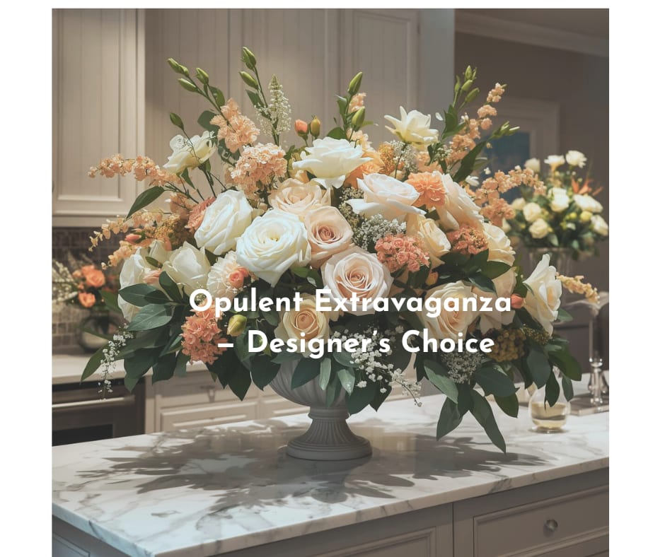 Large peach and white rose arrangement in a gray pedestal vase