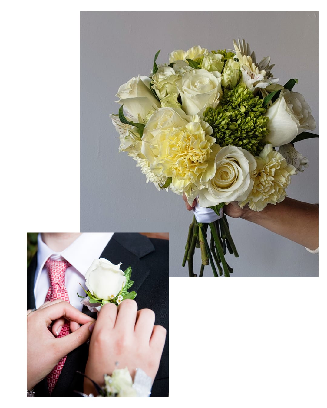 White bridal bouquet and matching boutonniere with cream flowers