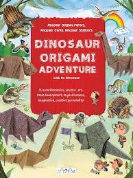 A book cover with dinosaurs around a red title panel