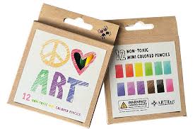 Two packs of mini colored pencils with art-themed packaging