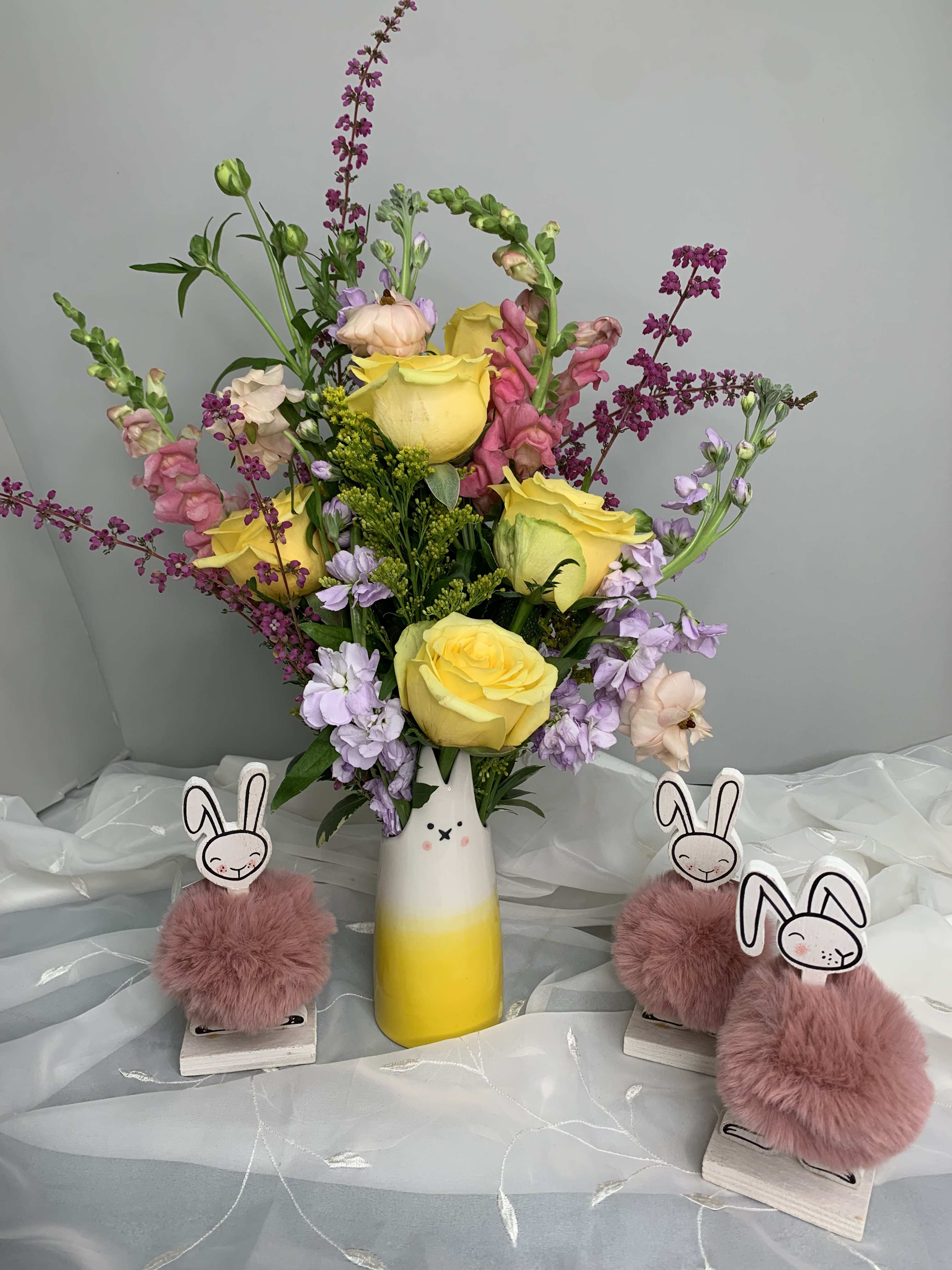 Bunnyful Day - Make someone's day! Whimsy and elegance come together to celebrate everything you love! Top designers will choose the freshest spring flowers to create a fabulous look in this fabulous keepsake vase.