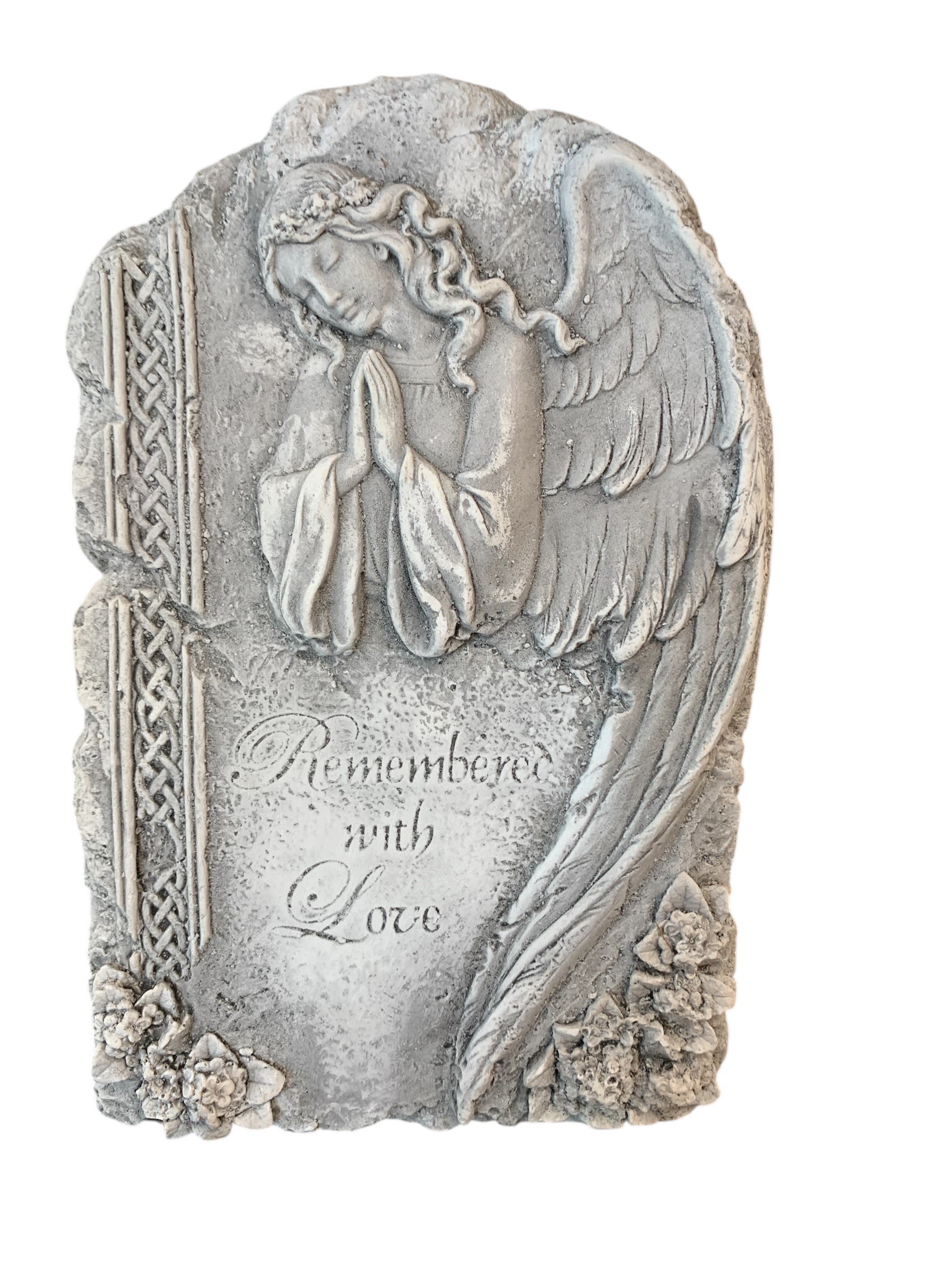 Stone angel memorial plaque with the words Remembered with Love