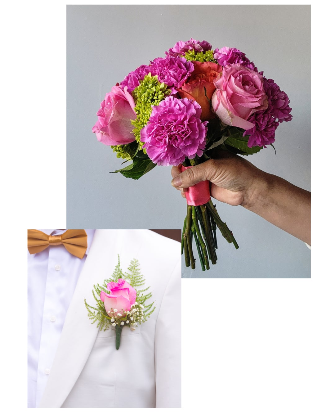 Prom Bouquet + Boutonniere Combo- Bright + Cheery - Celebrate prom night with a timeless floral pairing. This bouquet and boutonniere set is handcrafted using fresh, seasonal flowers and designed to complement your look without overpowering it. Bright, cheery or bold—your color preference guides the design while our florists handle the rest. *Please indicate colors you want in the notes at checkout.
