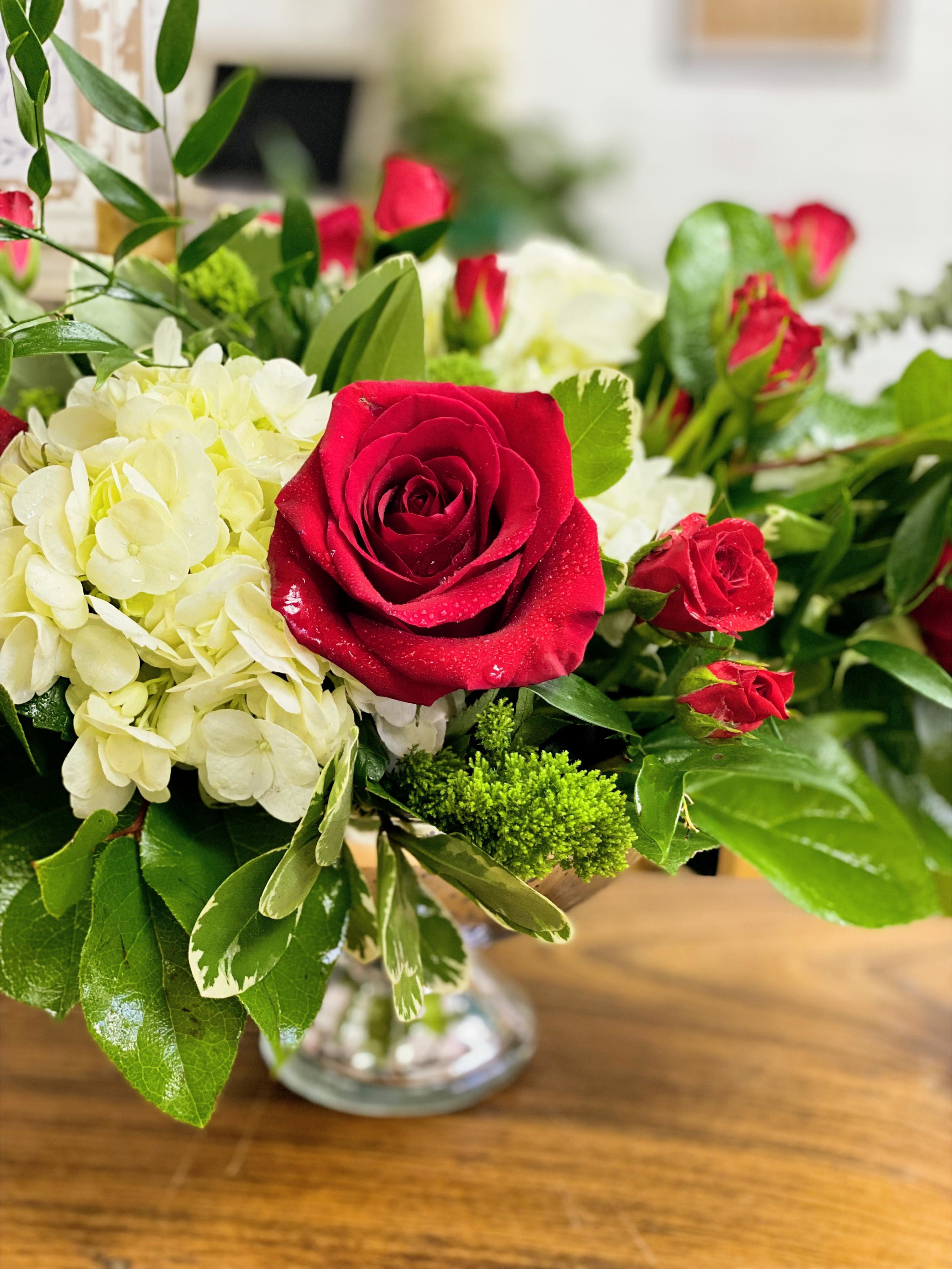 Majestic Red - Red Roses with white florals in an elegant metallic pedestal vase
