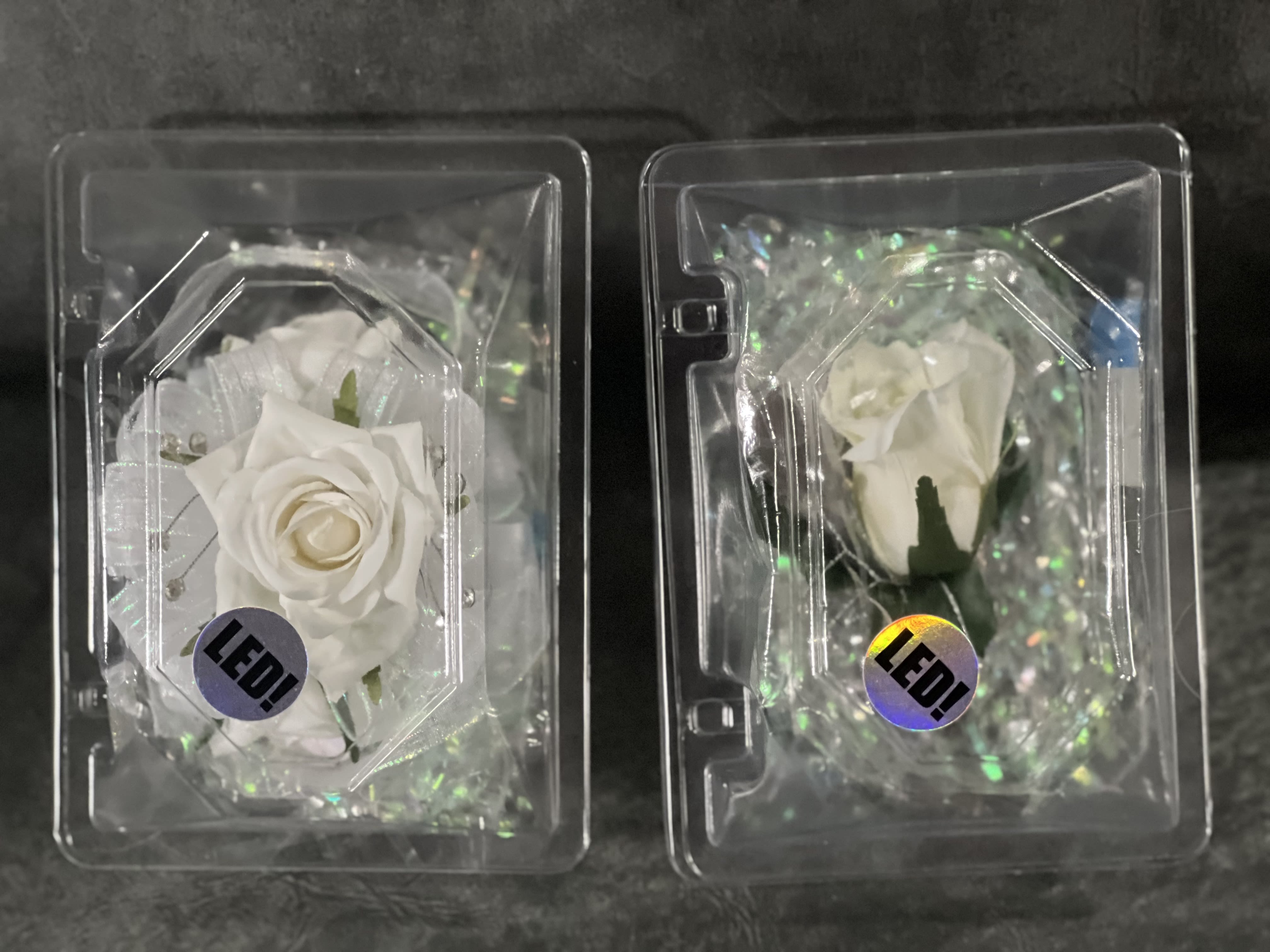 Two white rose boutonnieres in clear plastic cases