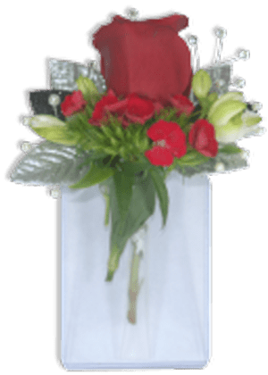 Single red rose with small red flowers and white buds in a tall glass vase with silver accents