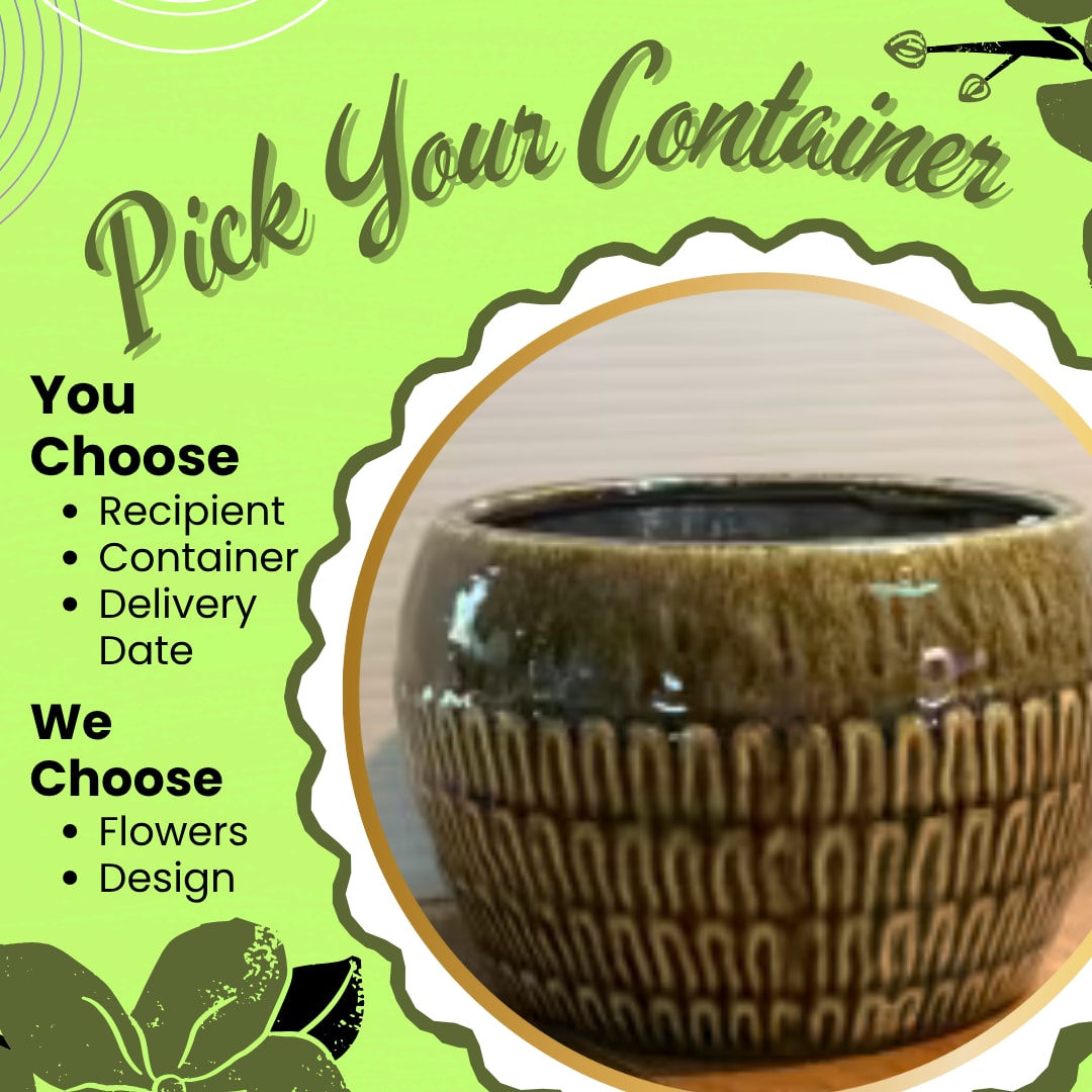 Green Pot - Pick your container and let our designer create a custom arrangement specifically for your recipient! We have so many amazing and adorable vases and containers, and why wait until we have crafted designs to go in them for you to be able to select them? We have set the price points to match what the container can hold, let us know your recipient's favorite flowers and colors in the special instructions.  The Green Pot is 4" tall. Substitution Policy In some instances, our photo may represent an overall theme or look and include a one-of-a-kind vase which cannot be exactly replicated.  Although the actual bouquet may not precisely match the photo, its temperament will. Occasionally, substitutions of flowers and/or containers happen due to weather, seasonality and market conditions which may affect availability. If this is the case with the gift you’ve selected, we will ensure that the style, theme and color scheme of your arrangement is preserved and will only substitute items of equal value or higher value.  If any design elements are of major importance to your order, please include them in the florist instructions at checkout or contact us to ensure availability.