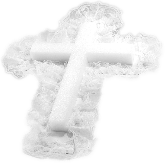 Foam Cross with Lace. (NEW) - A delicate white lace cross piece designed for memorial or faith-based displays provides a quiet, ceremonial focal point that will make the person you're honoring feel remembered and cherished. The religious cross shape and soft, airy silhouette read immediately as a thoughtful sympathy or remembrance accent-perfect for memorial tables, sympathy gifts, baptism or confirmation keepsakes, or a gentle home devotional display. Will be filled with silk flowers in your choice of colors.  Handcrafted layers of lace form a ruffled edge around a textured, styrofoam center that catches light without overwhelming the piece; the monochrome white palette keeps the look serene and reverent. Lightweight and dimensional, the piece brings soft texture and subtle sparkle to mantels, shadow boxes, wreaths, or a bedside memorial. Order as a standalone keepsake or pair with flowers for a meaningful tribute-no special care is required beyond gentle dusting to preserve the delicate lace and finish. Size: 14" x 10"