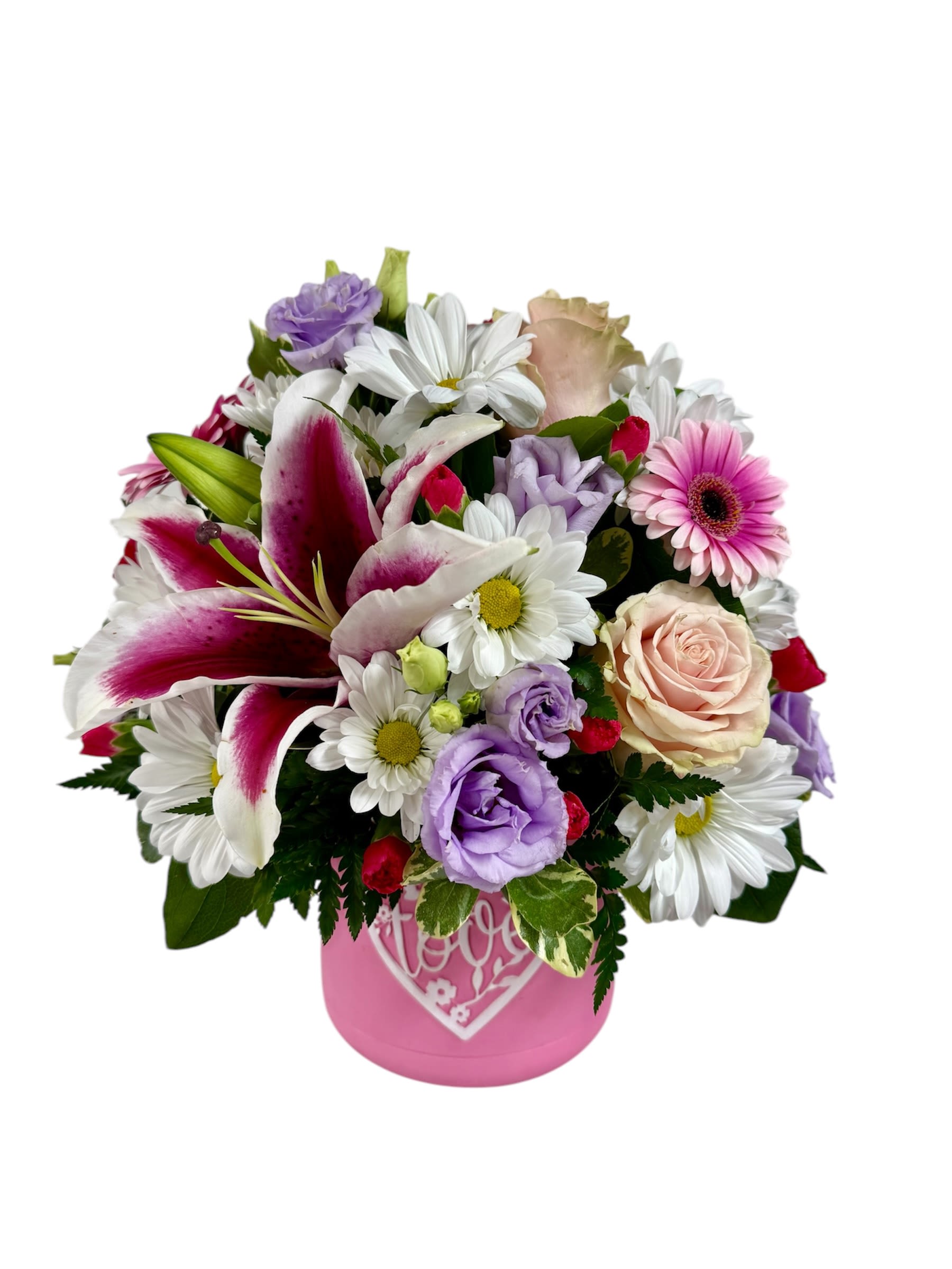 Mother's Love - A mix of spring flowers perfect for mom in a keepsake container with a decorative love emblem. 