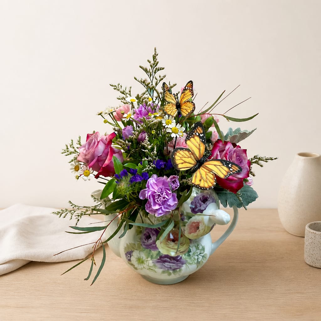Mixed pink and purple bouquet in a floral teapot with butterfly picks