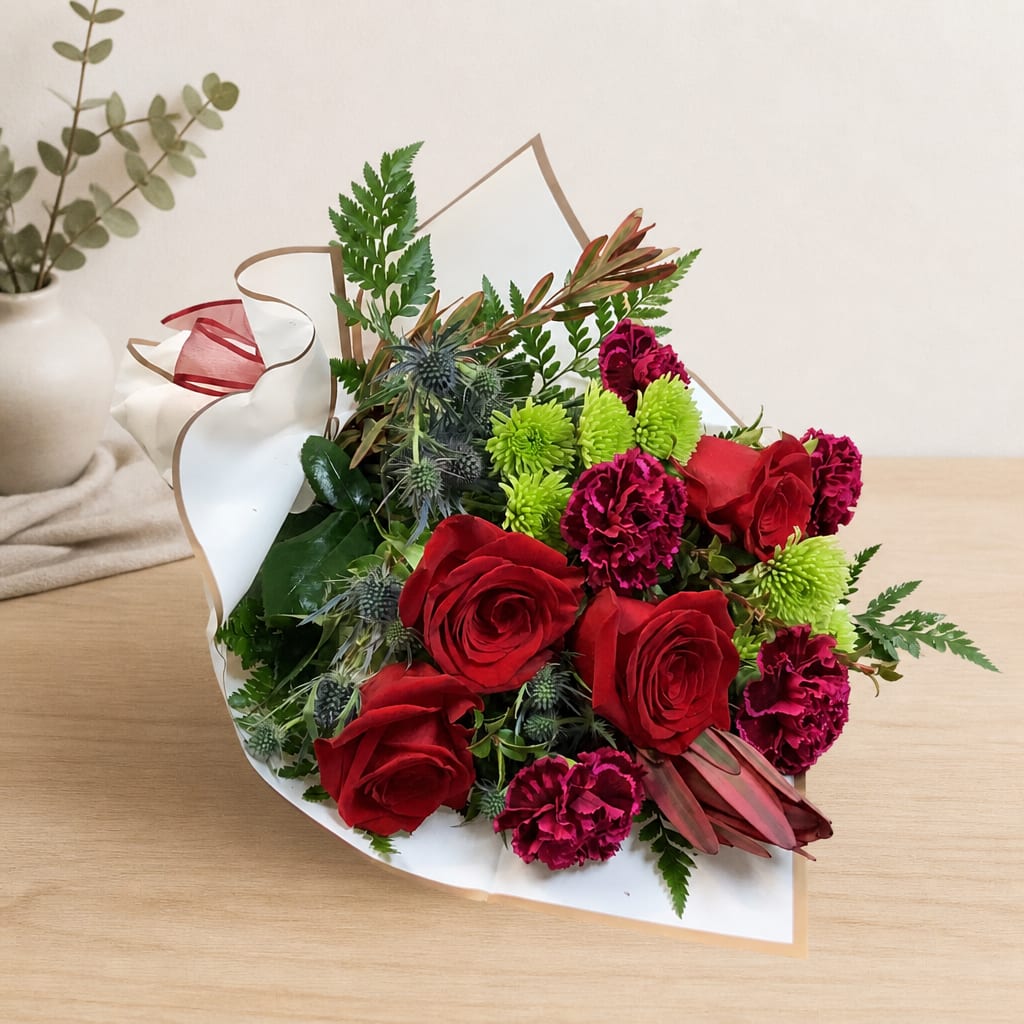 Bouquet of red roses and magenta carnations with green accents, wrapped in white paper