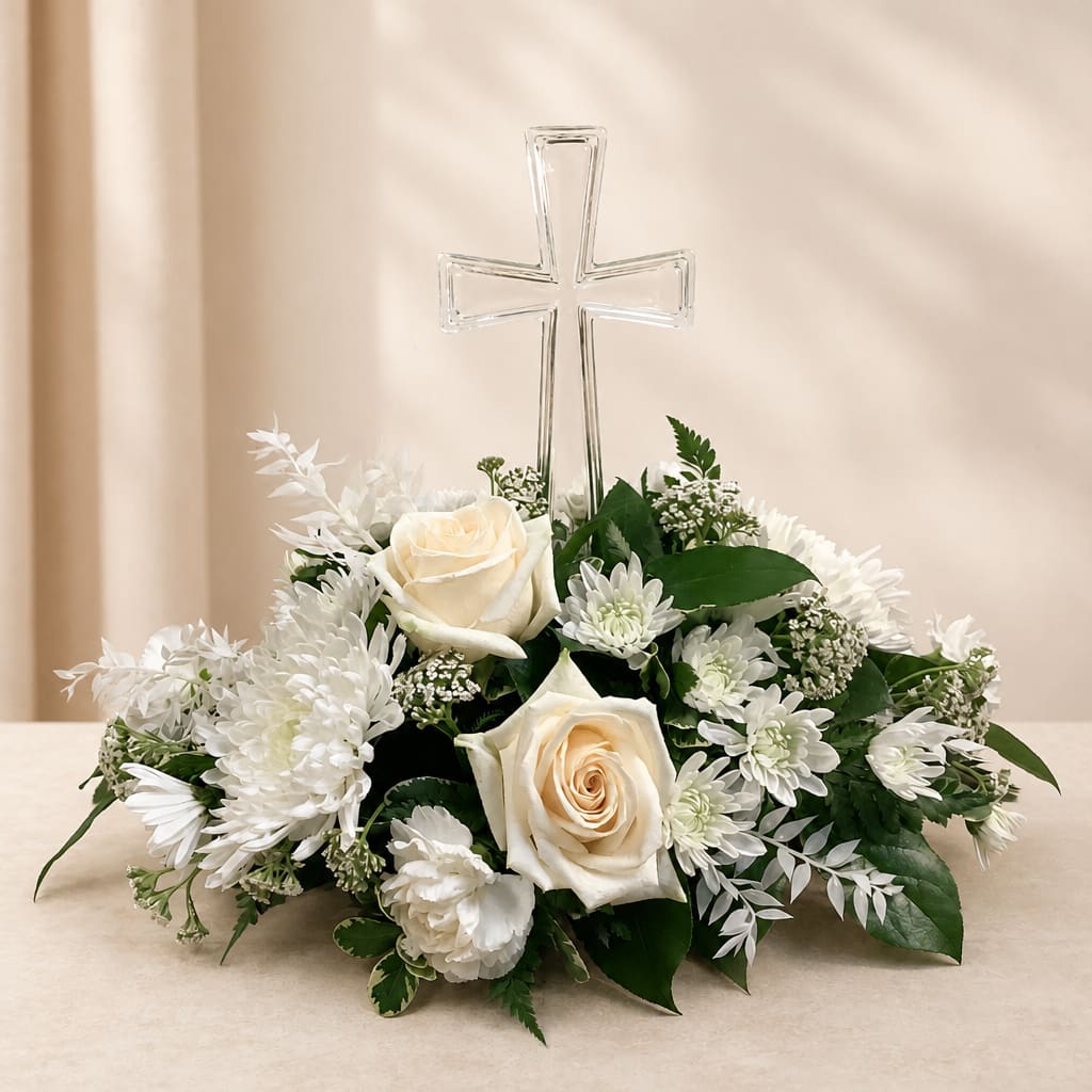 White rose and chrysanthemum arrangement with a clear cross centerpiece