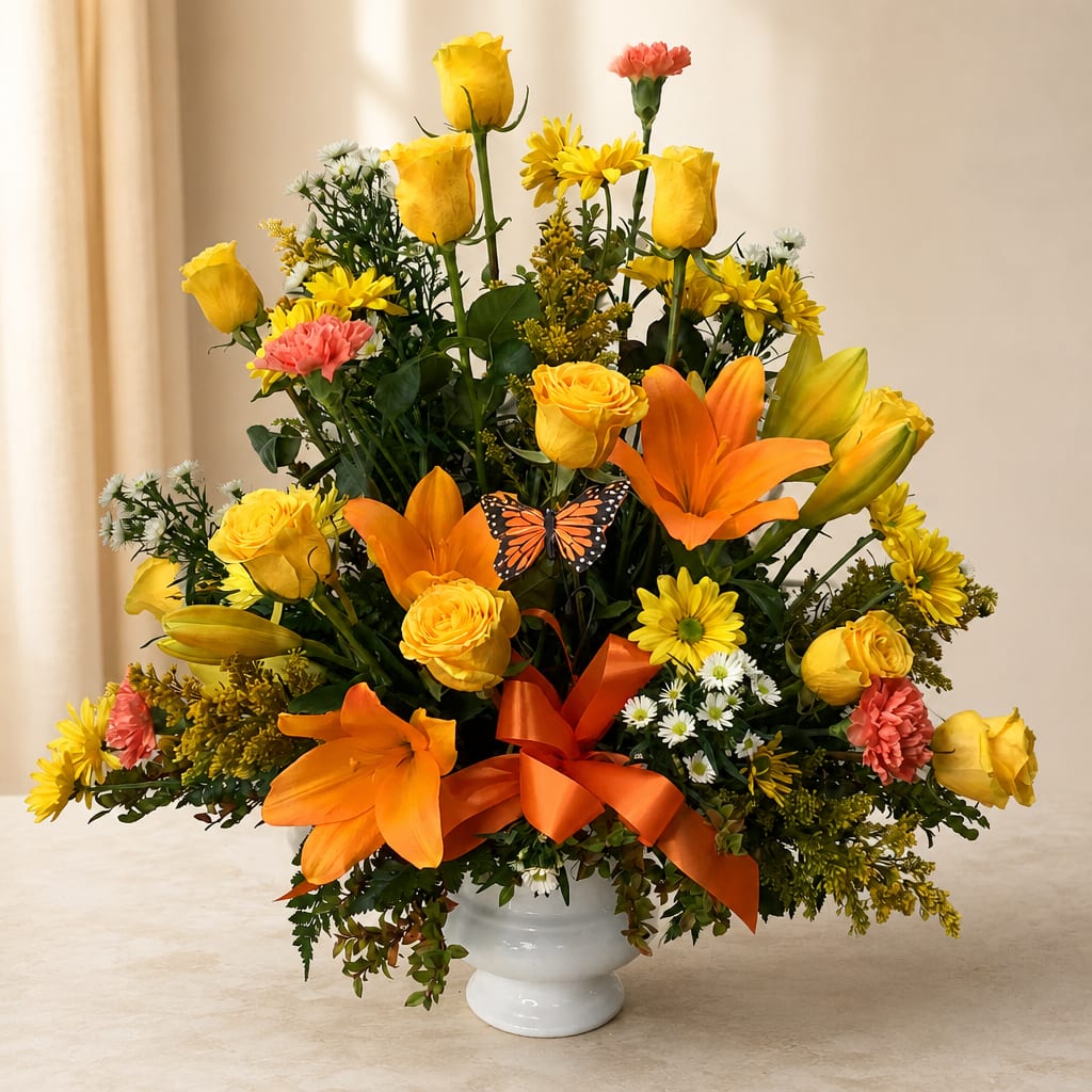 Yellow roses and orange lilies in a white vase with an orange ribbon
