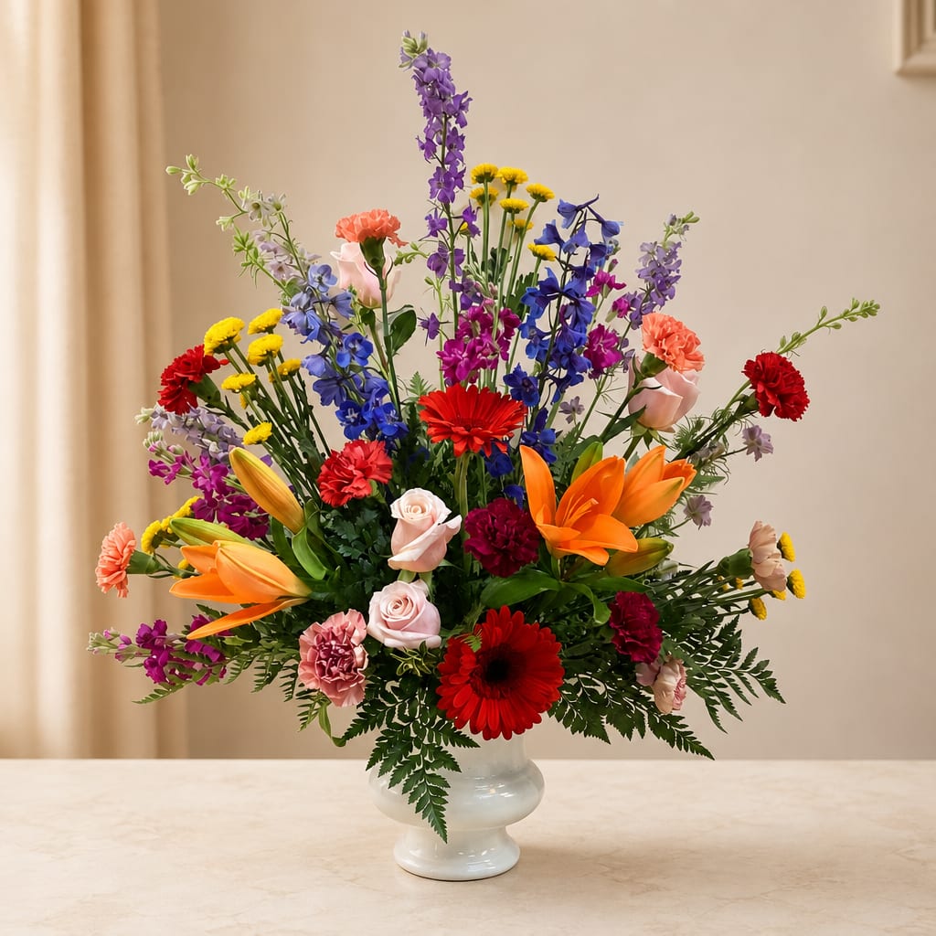 Colorful mixed bouquet in a white vase with lilies, roses, and daisies