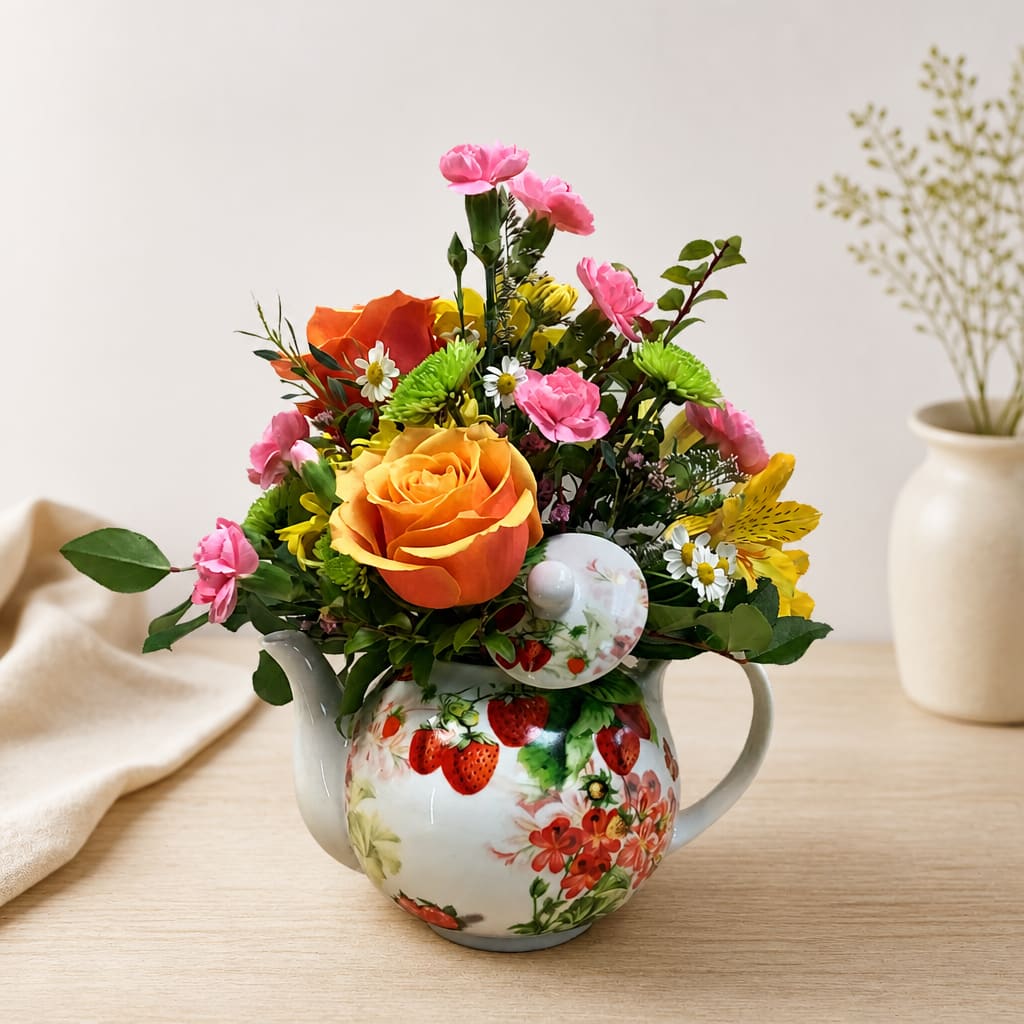 Mixed bouquet in a strawberry-patterned ceramic teapot
