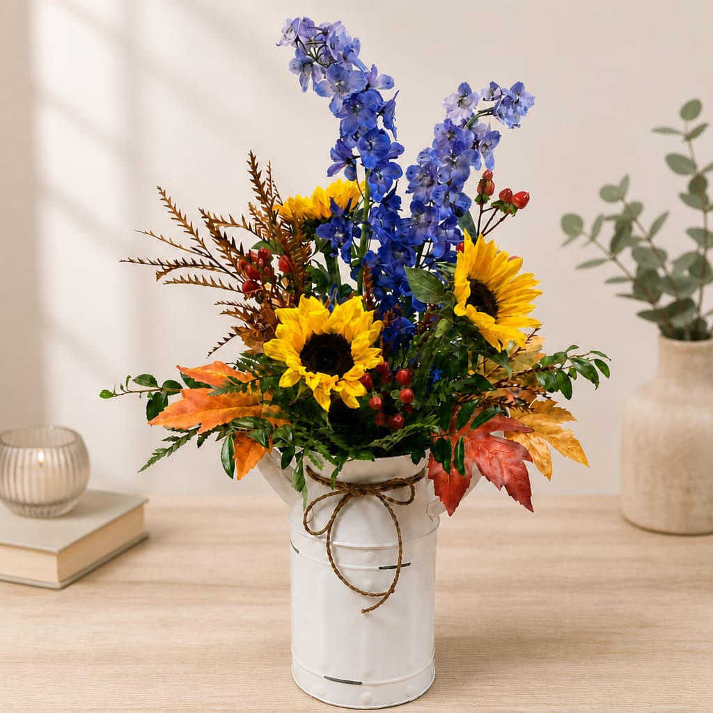 Blue flowers and sunflowers arranged in a white metal vase with autumn leaves