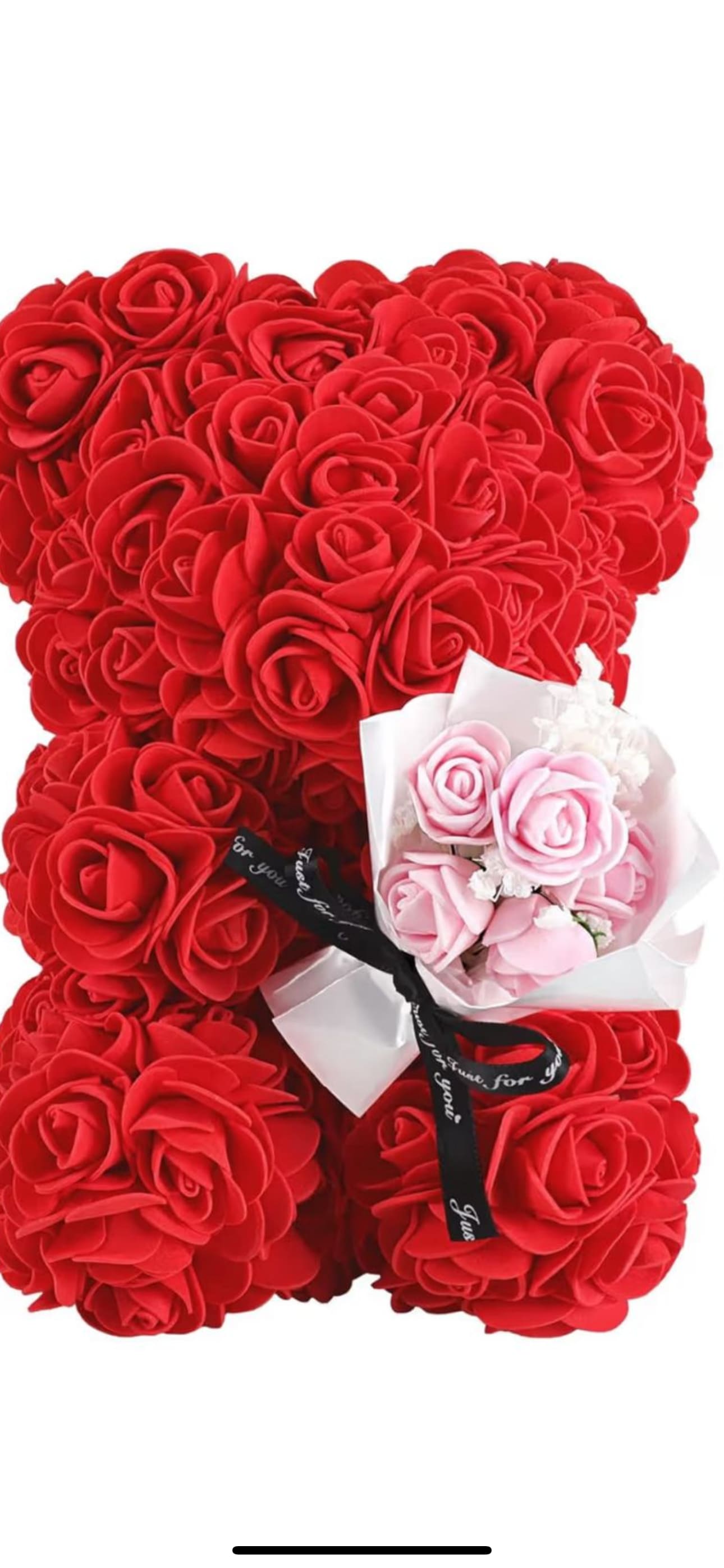 Heart-shaped bouquet of red roses with a small pink rose bouquet attached