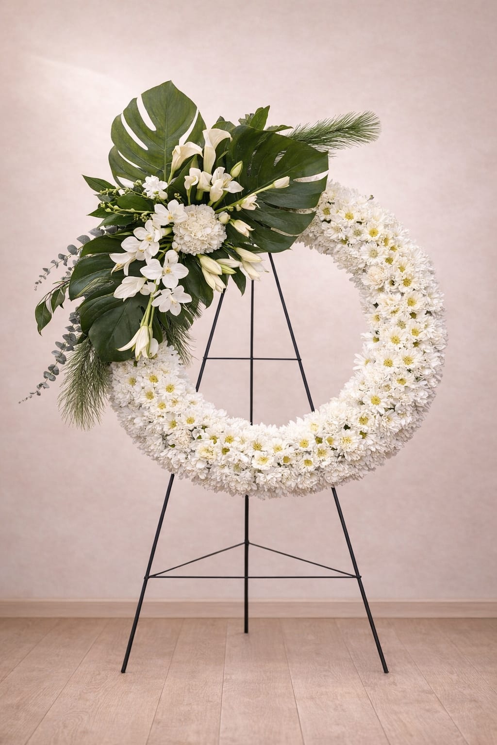 White floral wreath on a stand with large green leaves and lilies