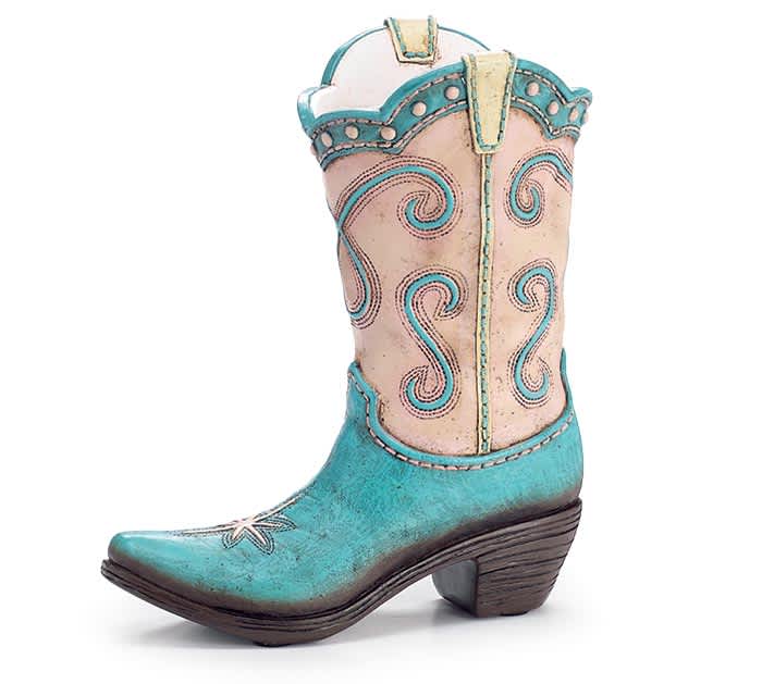 Turquoise and cream embroidered cowboy boot with a low heel