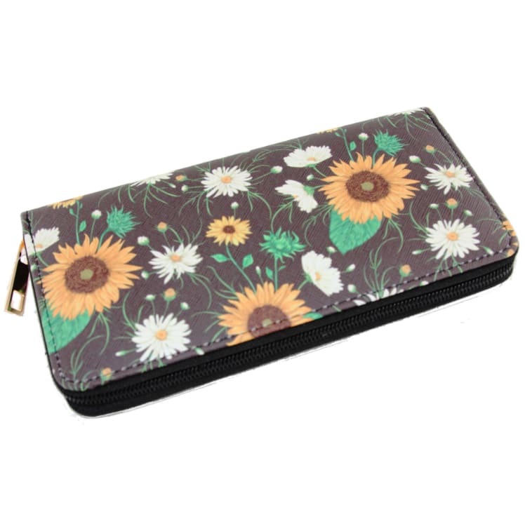 Floral-print zippered wallet with sunflowers and daisies