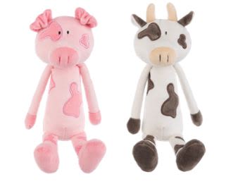Two plush animal toys, one pink and one cow-patterned, on a white background